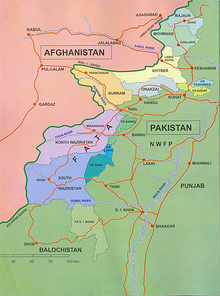 Map showing Afghanistan and Pakistan, highlighting several areas in the north-west of Pakistan, on the border to Afghanistan