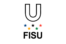 A black letter U above five different color stars above the letters FISU