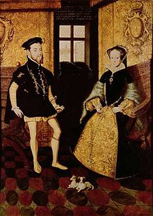 Interior scene of the royal couple with Mary seated beneath a coat of arms and Philip stood beside her