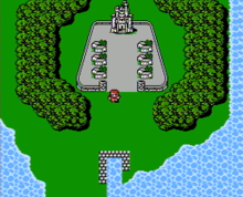 A virtual, grassy island with the character in the center surrounded by trees