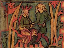A page from an illuminated manuscript shows two male figures. On the left a seated man wears a red crown and on a the right a standing man has long fair hair. Their right hands are clasped together.