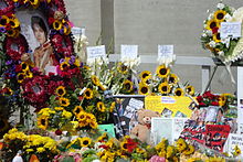  Portrait tribute, other tribute items, mural and messages from 650 Spanish fans, letters, pictures, teddy bears, etc.), sunflowers and other kind of flowers were dropped off by fans from all over the world at Forest Lawn Memorial Park on the first anniversary of Michael Jackson.