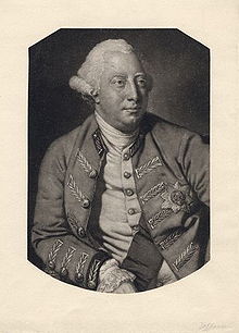 Monochrome portrait of a clean-shaven man with a fleshy face and white eyebrows wearing a powdered wig.