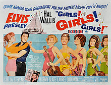Movie poster with Presley on the left, holding a young woman around the waist, her arms draped over his shoulders. To the right, five young women wearing bathing suits and holding guitars stand in a row. The one in front taps Presley on the shoulder. Along with title and credits is the tagline "Climb aboard your dreamboat for the fastest-movin' fun 'n' music!"