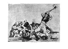 A civilian man holds a hatchet over his head, and is about to strike the heads of his kneeling captives, who are defeated soldiers in uniform.