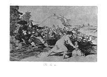In the distance the town, people fleeing on horseback and by foot. A woman holding one child in her arm reaches for another who has fallen to the ground; as an army approaches.