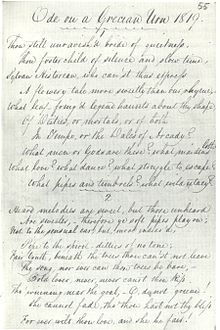 Manuscript in Keat's hand titled "Ode on a Grecian Urn 1819." It is a fair copy in pen and ink of the first two verses of the poem. The writing is highly legible, tall and elegant, with well-formed letters and a marked slope to the right. The capital letters are distinctive and artistically formed. Even-numbered lines are indented with lines 7 and 10 are further indented. A scallopy line is drawn beneath the heading and between the verses.