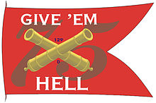 Battle flag with red background with the number 75, crossed canon barrels and phrase "Give 'em Hell"