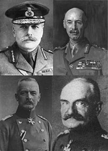 Collage of four monochrome portrait faces of military officers in General Staff uniforms. Top left officer with moustache and General Staff cap, other three officers without head-dress. Lower two portraits in German General Staff uniform while top two portraits in British General Staff uniform.