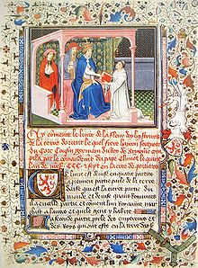 Illuminated manuscript with many colorful designs all around the margins. On the lower half of the page is calligraphic text. On the upper half is an image of a kneeling monk in a white robe giving a book to a seated pope who is wearing a lavish dark blue robe. Two assistants stand behind the pope.