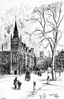 Pen and ink drawing of the Inner Temple in winter: to the left a large gothic building with spire and castellations; to the right a tree bereft of leaves; between them pedestrians and a pony and trap