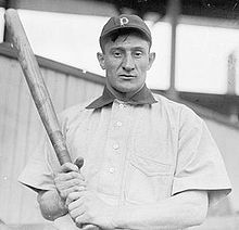 A man in a dark baseball cap and white shirt with a dark collar holds a baseball bat in both hands.