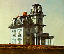 A painting of a large, imposing Gothic house