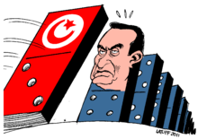 The cartoon depicts Egyptian President Hosni Mubarak as the next to fall after an uprising in Tunisia forced President Zine El Abidine Ben Ali to flee the country.