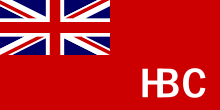 Red flag with British Union Jack in upper left corner and the letters HBC in lower right corner