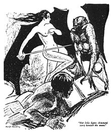A man lies on the ground as a naked female figure, wielding a sword, stands between him and a winged monster.