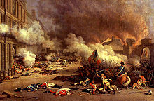 Smoke is billowing throughout the top two-thirds of the picture, dead guards are scattered in the foreground, and a battle, with hand-to-hand combat and one horse is taking place in the bottom right.