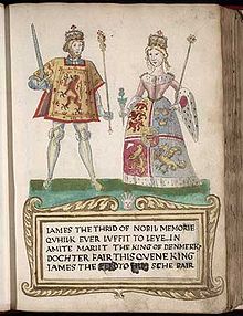 A picture on a page in an old book. A man at left wears tights and a tunic with a lion rampant design and holds a sword and scepter. A woman at right wears a dress with an heraldic design bordered with ermine and carries a thistle in one hand and a scepter in the other. They stand on a green surface over a legend in Scots that begins "James the Thrid of Nobil Memorie..." (sic) and notes that he "marrit the King of Denmark's dochter."