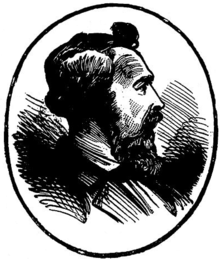 Profile drawing of a man with a high-collared shirt and jacket and a dark chest-length beard.