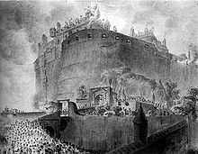 Drawing of the castle surrounded by crowds