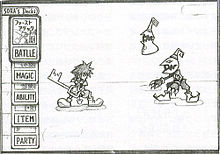 Sketch with a spike-haired boy holding a large key facing two black creatures with shiny eyes. One is humanoid, wears a body suit, clawed gloves, shoes that end in spiral toes and a helmet with a curled tip, which resembles the head of a monster. The other is a floating conical blob wearing a robe with a jagged collar and a conical hat with a curled tip. At the left are icons representing the player's deck.