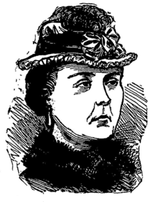 Sketch drawing of a dark-haired woman wearing a fur collar and a small hat decorated with a bow and feather.