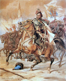 A painting of Casimir Pulaski leading a cavalry and brandishing a sword.