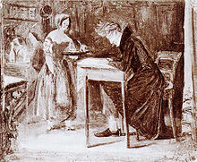 A sketch, featuring brown and white oils depicting a man sitting at a cafe table, writing on a piece of paper. A waitress is serving the man with a cup.