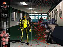 Horizontal rectangle video game screenshot that is a digital representation of a hallway. The character's extended right hand points a gun at a number of yellow mutated humanoids.