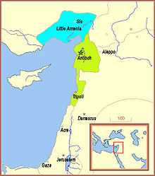 Simplified map of the Mediterranean coast near the Levant, outlining the Armenian Kingdom of Cilicia at the top along the coast, just north of the smaller coastal nations of the Principality of Antioch and the County of Tripoli.