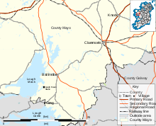Map of the Lough Mask area of County Mayo, showing the location of Lough Mask House. The house is 6 kilometres (3.7 mi) southwest of Ballinrobe, and 6km north of Cong; Claremorris is a further 22 kilometres (14 mi) north-east of Ballinrobe