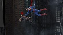 Two characters fall from a tall building, one punching the other in the process. In the background other skyscrapers can be seen, as well as some light clouds.