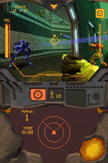 Two screens appear, one above the other. Above, a weapon is pointed outwards, facing two opponents. Below, a radar is shown.