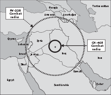  A map of Iraq and surrounding nations with a small circle showing the area the CH-46E can cover and a larger circle for the V-22.