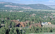 Forested area with buildings interspersed looking toward a hill.
