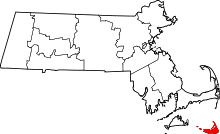 Drawn map of Massachusetts, highlighting Nantucket, south of the state's main area