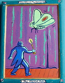 Mikey Georgeson, 1993 painting of David Devant performing his Mascot Moth illusion. David Devant considered the Mascot Moth to be his masterpiece:'A lady took the part of the moth. On a fully lighted stage, without covering the lady, I just picked her up in my arms and she disappeared'. Photo by Peter Chrisp