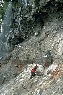 A rocky cliff with a person at its base.