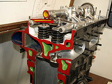A sectioned, parallel valve, aircraft engine cylinder head is shown with colour-coded internal details. Coolant passage ways are painted green; the valves, valve springs, camshaft and rocker arms are also shown.