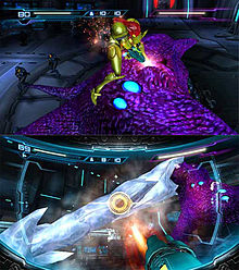 A person in a powered armor prepares to attack a vaguely humanoid monster, surrounding with armoured soldiers in the background of the above picture. On the below image, her weapon, a large cannon visible in the corner of the screen, fires a missile at a frozen tentacle. Atop both screens are 2D icons which indicates the health and ammo of the player.