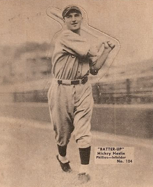 Mickey Haslin with a baseball bat in a baseball uniform.