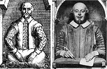 Effigy of Shakespeare with right hand holding a quill pen and left hand resting on paper on a tasseled cushion, compared with a drawing of the effigy which shows both hands empty and resting on a stuffed sack or pillow.