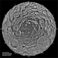Twenty degrees of latitude of the Moon's disk, completely covered in the overlapping circles of craters. The illumination angles are from all directions, keeping almost all the crater floors in sunlight, but a set of merged crater floors right at the south pole are completely shadowed.