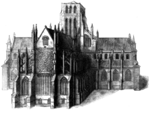 Engraving of St Paul's at a later date showing the rose window. The spire has been lost.