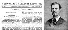 On the right is a young man, dressed in suit and tie, sporting a moustache and tuft of hair on the chin; on the left is the top half of a medical journal titled 'Medical and Surgical Reporter'