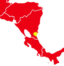 Map of Central America, marked yellow in southeastern Nicaragua and red elsewhere