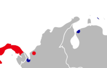 Map of northwestern South America and eastern Panama with red markings in western Panama and northwestern Colombia and blue markings in northwestern Colombia, northwestern Venezuela, and Curaçao.