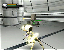 A horizontally rectangular video game screenshot that is a digital representation of a space station. A woman in a glowing yellow outfit faces a grey robot at the center of the screen.