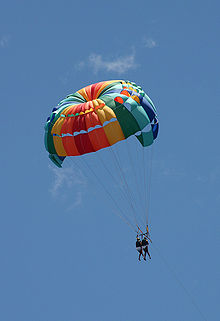 Multicolored parachute against blue sky