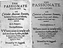 Two versions of a title page of an anthology of poems, one showing Shakespeare as the author, while a later, corrected version shows no author.